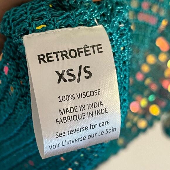 Retrofete NWT Tara Sequin Long Sleeve Crochet Mini Dress Turquoise Blue Green S - Picture 8 of 13
